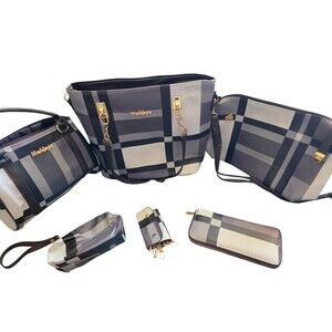 Mei & Ge Women Black/Gray/White plaid Gold Tone Accents Bag w/Inserts -6pc